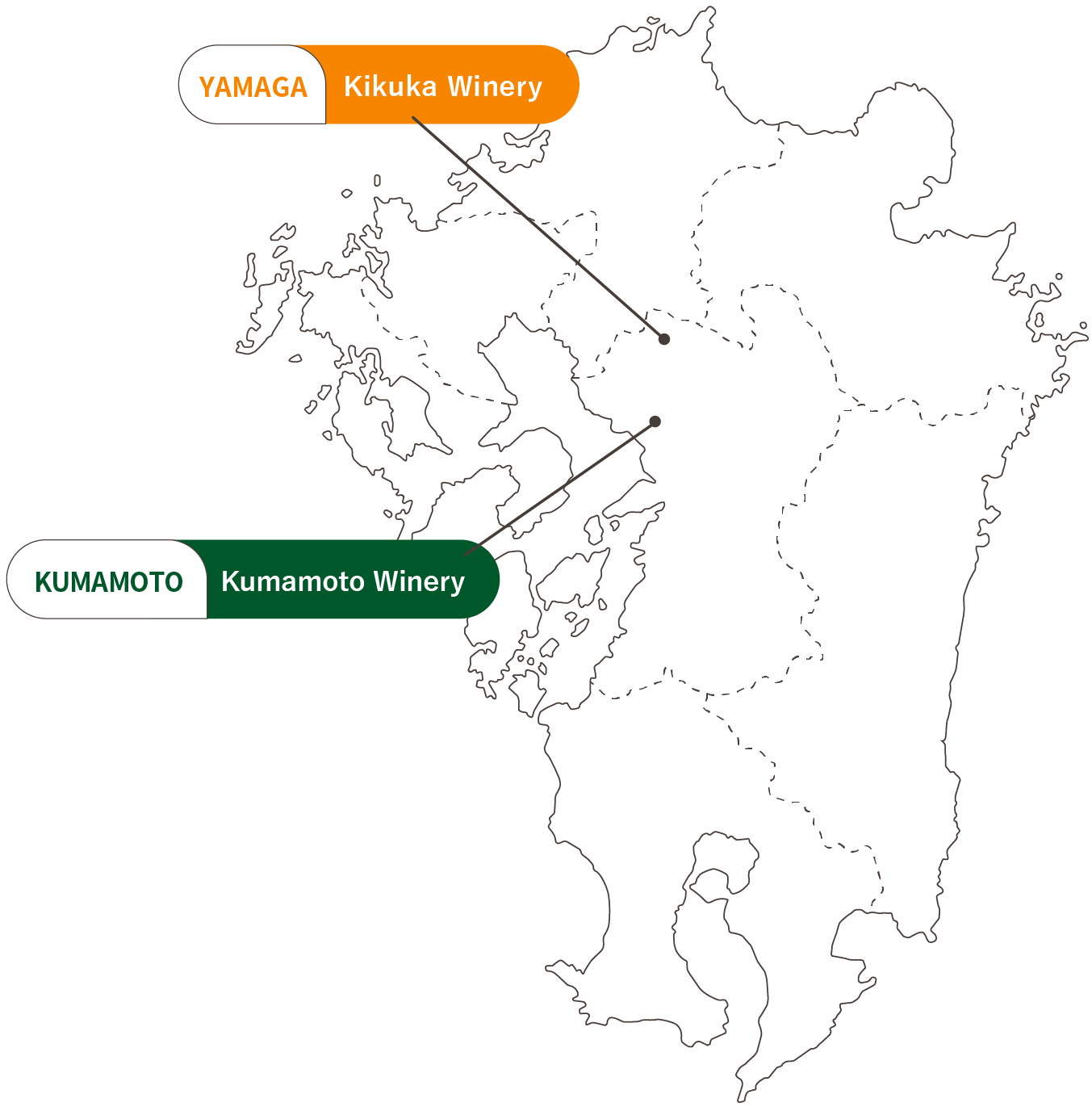 Map showing locations of Kumamoto Wine Farm wineries in Kumamoto Prefecture